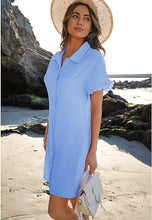 luvamia Womens Beach Cover Up Dress Cotton Button Down Shirt Dresses Casual Ruffle Sleeves Summer Dresses with Pockets