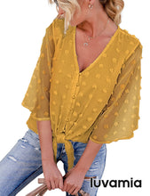 luvamia Womens Blouses and Tops Dressy Button Down Swiss Dot 3/4 Bell Sleeve Shirts Cute