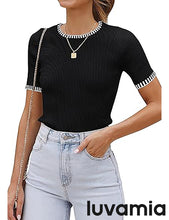 Women's Color Block Crewneck Knit Short Sleeve Stretch Summer Sweater Top