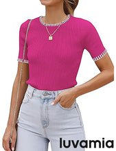 Women's Color Block Crewneck Knit Short Sleeve Stretch Summer Sweater Top