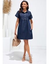 luvamia Denim Dress for Women Summer Short Sleeve Button Down Collared Pleated Western Jean Dresses with Pockets Relaxed