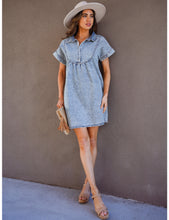 luvamia Denim Dress for Women Summer Short Sleeve Button Down Collared Pleated Western Jean Dresses with Pockets Relaxed