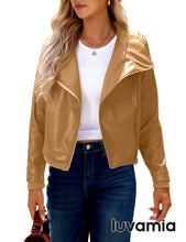 luvamia Faux Leather Jackets for Women Zip Up Lapel Collar Motorcyle Biker Short Jacket PU Leather Blazer Long Sleeves