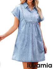 luvamia Denim Dress for Women Summer Short Sleeve Button Down Collared Pleated Western Jean Dresses with Pockets Relaxed