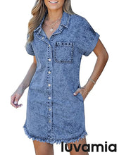 luvamia Denim Dress for Women Button Down Short Sleeves Casual Summer Jean Shirt Dresses with Pockets Frayed Hem