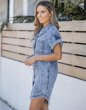 luvamia Denim Dress for Women Button Down Short Sleeves Casual Summer Jean Shirt Dresses with Pockets Frayed Hem