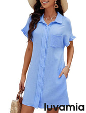 luvamia Womens Beach Cover Up Dress Cotton Button Down Shirt Dresses Casual Ruffle Sleeves Summer Dresses with Pockets