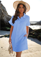 luvamia Womens Beach Cover Up Dress Cotton Button Down Shirt Dresses Casual Ruffle Sleeves Summer Dresses with Pockets