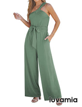 luvamia One Shoulder Jumpsuits for Women Dressy Casual Wide Leg Jumpsuit Overalls with Pocket Belted Comfy Long Rompers