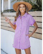 luvamia Denim Dress for Women Button Down Short Sleeves Casual Summer Jean Shirt Dresses with Pockets Frayed Hem