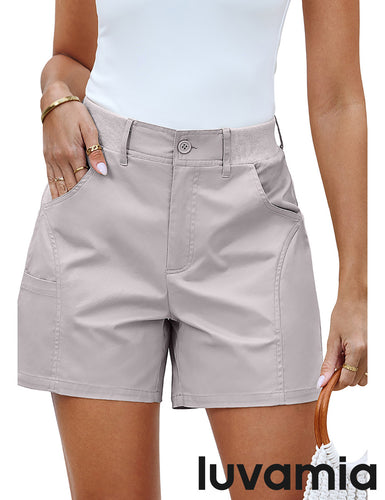 LUVAMIA Women's Chino High Waisted Elastic Waist Shorts Summer Straight Leg