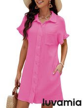 luvamia Womens Beach Cover Up Dress Cotton Button Down Shirt Dresses Casual Ruffle Sleeves Summer Dresses with Pockets