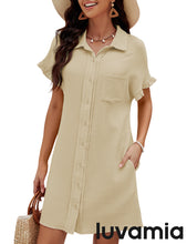 luvamia Womens Beach Cover Up Dress Cotton Button Down Shirt Dresses Casual Ruffle Sleeves Summer Dresses with Pockets