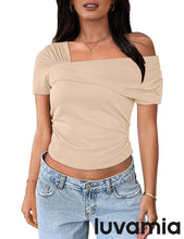 Women's Casual Crop Top Short Sleeve Stretch Summer One Shoulder Off Shoulder T-Shirts