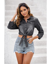 LUVAMIA Women's Casual Button Down 3/4 Sleeve Denim Jacket Crop Top Shirt Tie Trend Coat