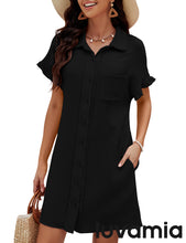 luvamia Womens Beach Cover Up Dress Cotton Button Down Shirt Dresses Casual Ruffle Sleeves Summer Dresses with Pockets