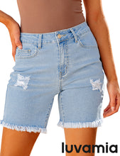 LUVAMIA Women's High Waisted Distressed Raw Hem Stretch Denim Shorts