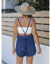 luvamia Denim Overall Shorts for Women Loose Fit Baggy Adjustable Tie Back Bib Jean Overalls Casual Curve Hem Shortalls