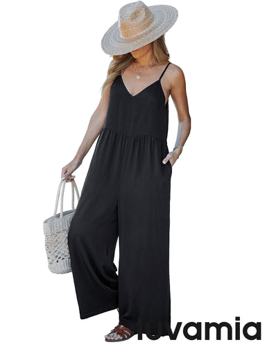 luvamia Wide Leg Jumpsuits for Women Sleeveless Baggy Casual Summer Flowy Loose Spaghetti Strap Jumpsuit with Pockets