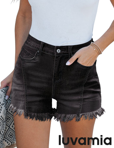 LUVAMIA Women's Stretch Denim Shorts High Waisted Raw Hem Jean