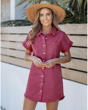 luvamia Denim Dress for Women Button Down Short Sleeves Casual Summer Jean Shirt Dresses with Pockets Frayed Hem