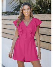 luvamia Rompers for Women Dressy Casual Ruffle Button Down Smocked Waist Flowy Short Jumpsuits Summer Vacation Romper