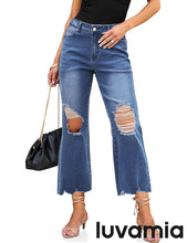 LUVAMIA Women's Crop Destroyed Flare High Waisted Denim Jeans Stretch Regular Fit