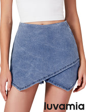 LUVAMIA Denim High Waisted Shorts Skort Stretch Asymmetrical Wrap Skirt