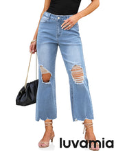 LUVAMIA Women's Crop Destroyed Flare High Waisted Denim Jeans Stretch Regular Fit