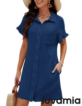 luvamia Womens Beach Cover Up Dress Cotton Button Down Shirt Dresses Casual Ruffle Sleeves Summer Dresses with Pockets