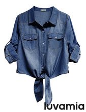 LUVAMIA Women's Casual Button Down 3/4 Sleeve Denim Jacket Crop Top Shirt Tie Trend Coat