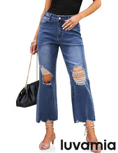 LUVAMIA Women's Crop Destroyed Flare High Waisted Denim Jeans Stretch Regular Fit