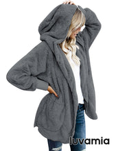 luvamia Women Fuzzy Fleece Open Front Pocket Hooded Cardigan Jacket Coat Outwear