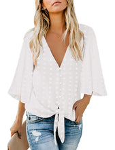 luvamia Women Button Up Down Blouse Tie Knot Front Tops Long Ruffel Sleeve V Neck Shirt Going Out Dressy Casual Work