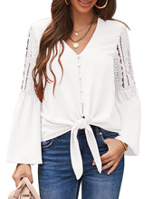 luvamia Women's Casual V Neck Blouse Lace Crochet Bell Long Sleeve Loose Shirt Tops
