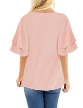 luvamia Women's Casual 3/4 Tiered Bell Sleeve Crewneck Loose Tops Blouses Shirt