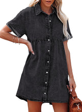 luvamia Women's Casual Short Sleeve Button Down Tiered Denim Babydoll Jean Dress