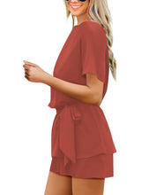 luvamia Women's Casual Short Sleeve Belted Overlay Keyhole Back Jumpsuits Romper