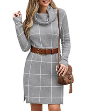 luvamia Women Casual Turtleneck Knitted Sweater Cozy Grid Pullover Sweater Dress