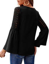 luvamia Women's Casual V Neck Blouse Lace Crochet Bell Long Sleeve Loose Shirt Tops