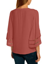 luvamia Women's Casual V Neck Blouse 3/4 Bell Sleeve Mesh Panel Shirts Loose Top