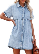 luvamia Women's Casual Short Sleeve Button Down Tiered Denim Babydoll Jean Dress