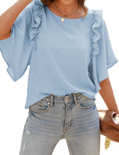 luvamia Women Casual Tops Ruffle Bell Sleeve Crewneck Loose Summer Blouse Shirts