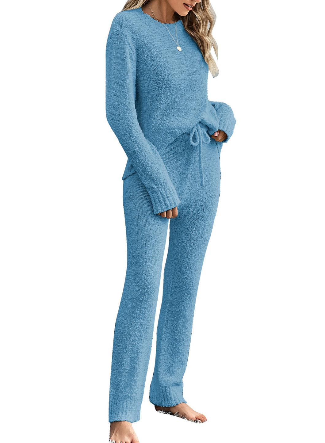 luvamia Women's Casual Pajama Set Fuzzy Fleece Knitted Long Sleeve Pj  Loungewear
