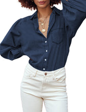luvamia Women's Denim Shirt Collared Button Down Shirts Puff Long Sleeve Tops