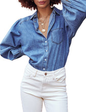 luvamia Women's Denim Shirt Collared Button Down Shirts Puff Long Sleeve Tops