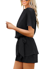 luvamia Women's Casual Short Sleeve Belted Overlay Keyhole Back Jumpsuits Romper